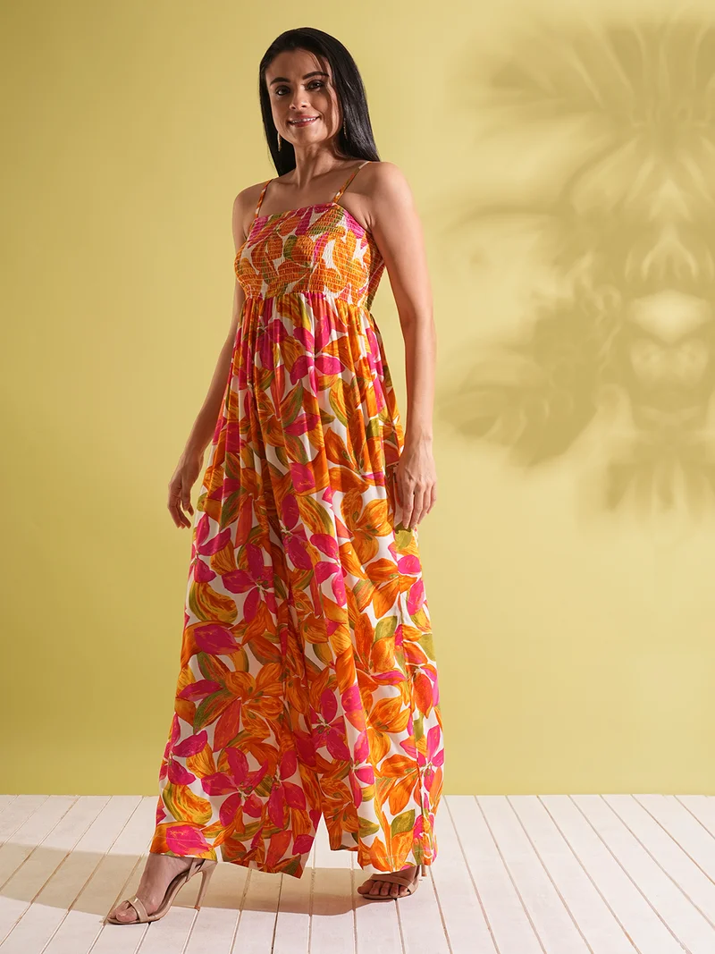 جلو باص جمبسوت نسائي واسع الأرجل بطبعات زهور ورباط قابل للتعديل من جلوبس