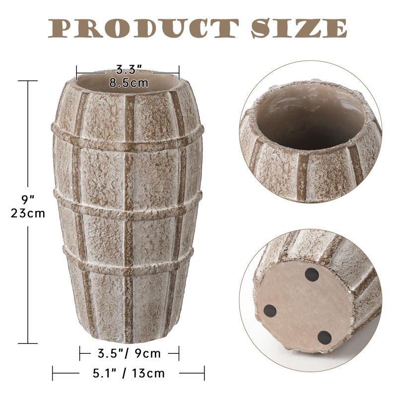 Briful Rustic Terracotta Flower Vase for Home Decor â€“ 9" Brown Farmhouse Textured Barrel-Style Ceramic Vase Vintage Handcrafted Gridded Design for Faux & Dried Flowers Living Room Table Centerpiece - Image 2