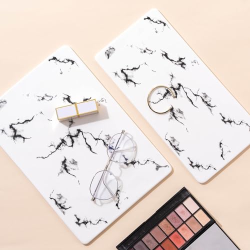 QTTCMY 2 Tier Bathroom Cabinet Countertop Organizer Perfume Lipstick Makeup Organizer Cosmetics Storage Display Rack Vanity Tray Metal Dresser Storage Shelf White Marble Ceramic Tray Golden - Image 5