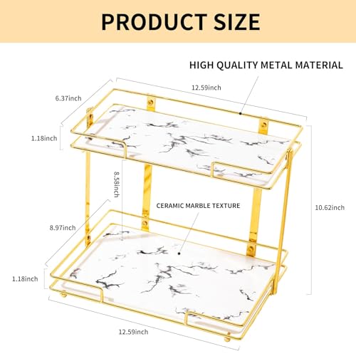 QTTCMY 2 Tier Bathroom Cabinet Countertop Organizer Perfume Lipstick Makeup Organizer Cosmetics Storage Display Rack Vanity Tray Metal Dresser Storage Shelf White Marble Ceramic Tray Golden - Image 2