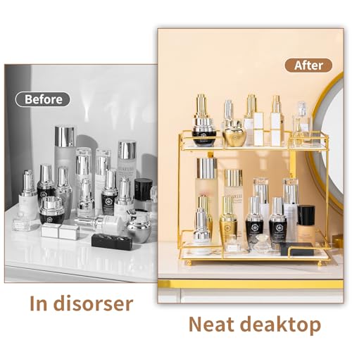 QTTCMY 2 Tier Bathroom Cabinet Countertop Organizer Perfume Lipstick Makeup Organizer Cosmetics Storage Display Rack Vanity Tray Metal Dresser Storage Shelf White Marble Ceramic Tray Golden - Image 4