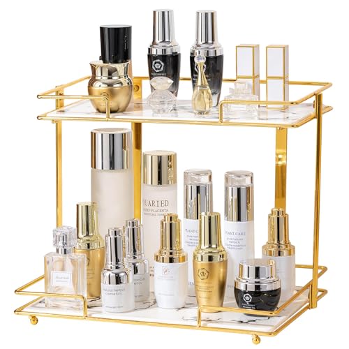 QTTCMY 2 Tier Bathroom Cabinet Countertop Organizer Perfume Lipstick Makeup Organizer Cosmetics Storage Display Rack Vanity Tray Metal Dresser Storage Shelf White Marble Ceramic Tray Golden - Image 1