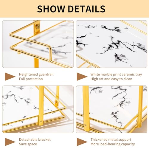 QTTCMY 2 Tier Bathroom Cabinet Countertop Organizer Perfume Lipstick Makeup Organizer Cosmetics Storage Display Rack Vanity Tray Metal Dresser Storage Shelf White Marble Ceramic Tray Golden - Image 3