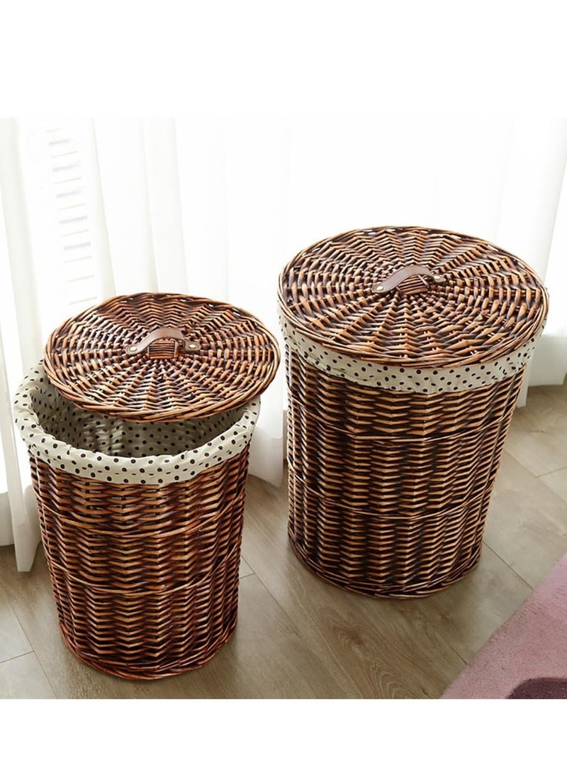 Generic Rattan Laundry Basket Household Dirty Clothes Hamper Round Wicker Woven Storage Basket with Lining and Lid for Clothes, Toys & Sundries for Bedroom Bathroom Laundry Room and Balcony, 2pcs (Brown)  - Image 1