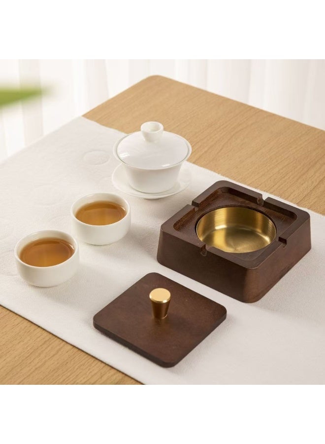Ashtrays for Cigarettes with Lid,Wooden Ashtray,with Stainless Steel Liner and 4 Slot,Windproof Ashtray for Office,Home,Hotel and restaurant - Image 1