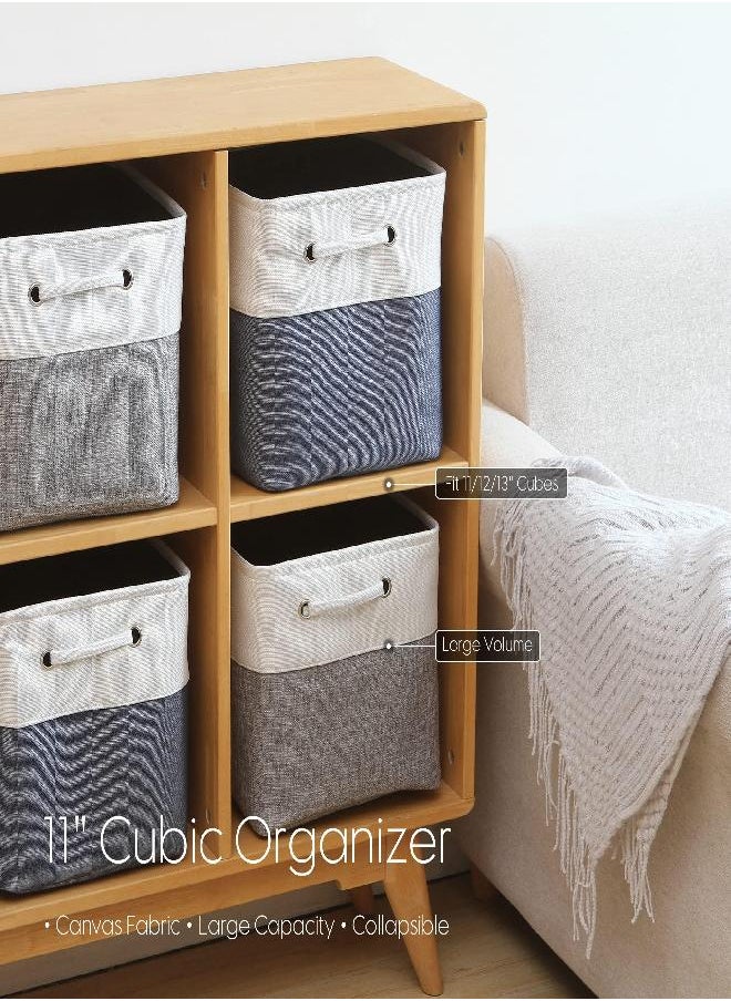 Sea Team Sea Team 3-Pack Cubic Storage Basket Set, Storage Cube Organizer, Clothes Toys Bin, 11 x 11 x 11 Inches, Big Square Canvas Fabric Collapsible Shelf Box with Handles for Kids Room (Grey/White)  - Image 2