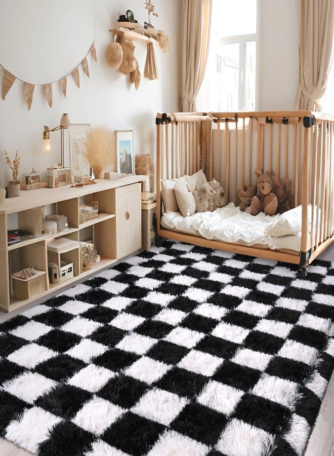 FALARK Rugs for Bedroom Living Room, 4x6 ft Black and White Checkered Area Rug, Fluffy Soft Washable Carpet, Modern Non-Slip Shag Carpets for Boys Girls Nursery Home Aesthetic Decor - Image 3