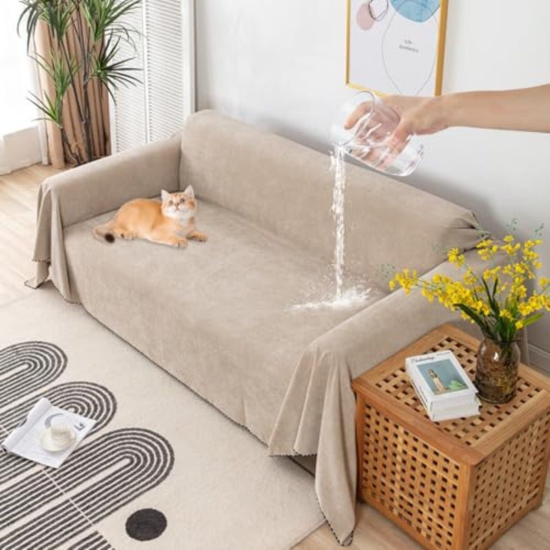 180 * 230cm Waterproof Sofa Cover, Edged Couch Cover, 3 Seat Cushion Couch Durable Couch Protector, for Sectional Sofa Pet Cat Dog Home Decor, Khaki - Image 1