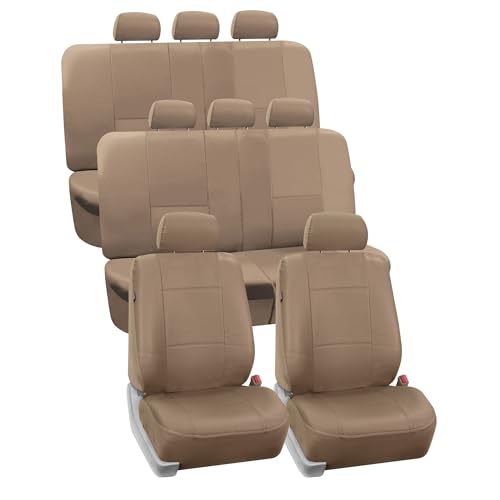 FH Group Car Seat Covers PU Leather 3 Row 8 Seater Car Seat Covers, Airbag Compatible and Split Bench - Fit Most Car, Truck, SUV, & Van (Solid Tan) - Image 1