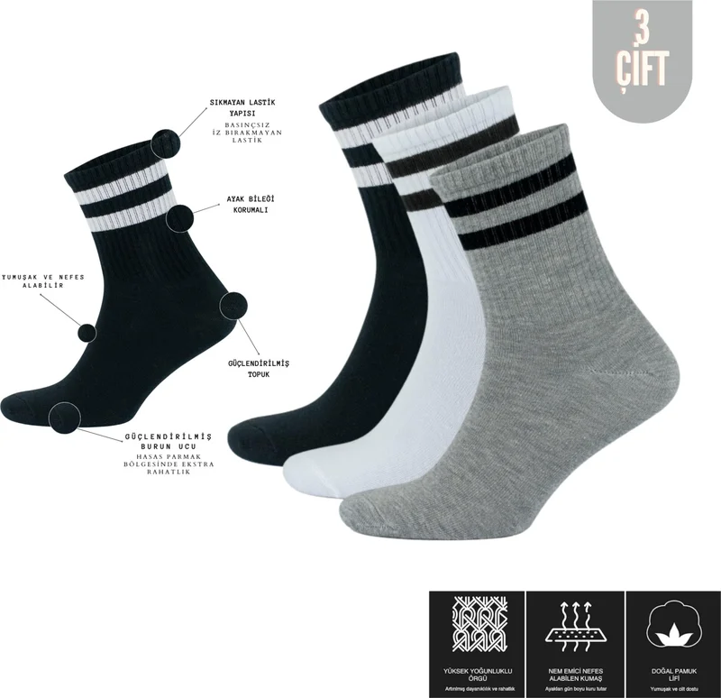 Kral Socks Luxury King Men's Women's (3 Pairs) Striped College Tennis Socks Cotton Anti-Sweat Socks
