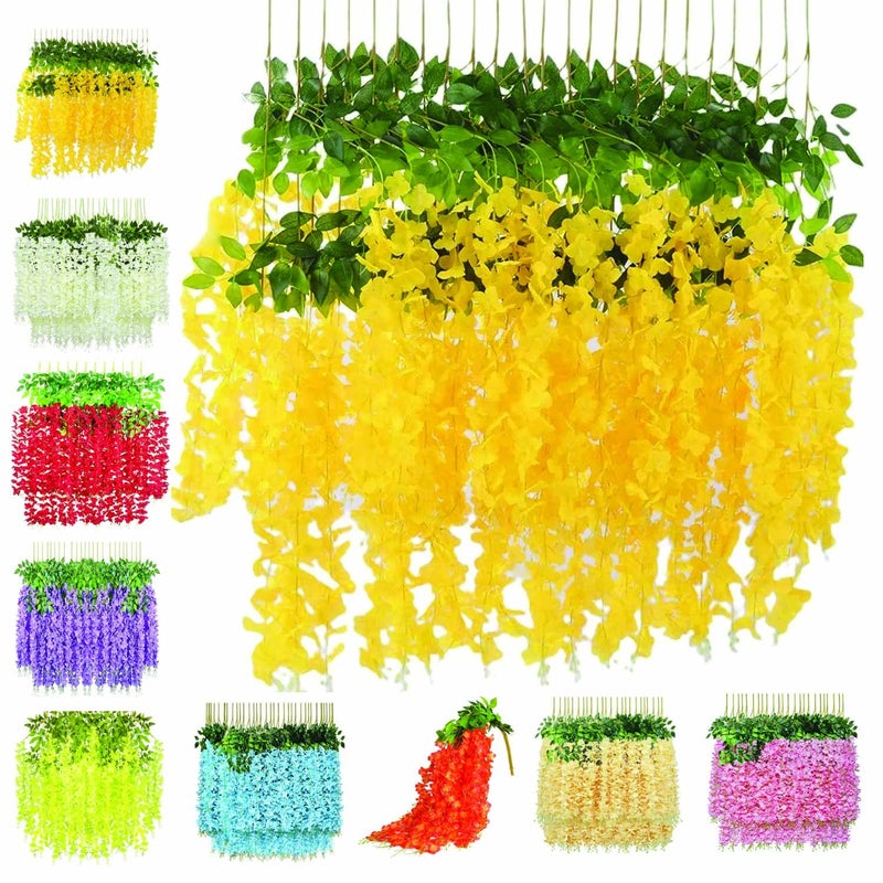 TAVASYA Water Proof Hanging Artificial Wisteria Flower Strings_Pack of 12_Yellow Color_110 Cms_for Wedding_Party_Home_Ceiling_Balcony_Office_Wall Decor SYT12
