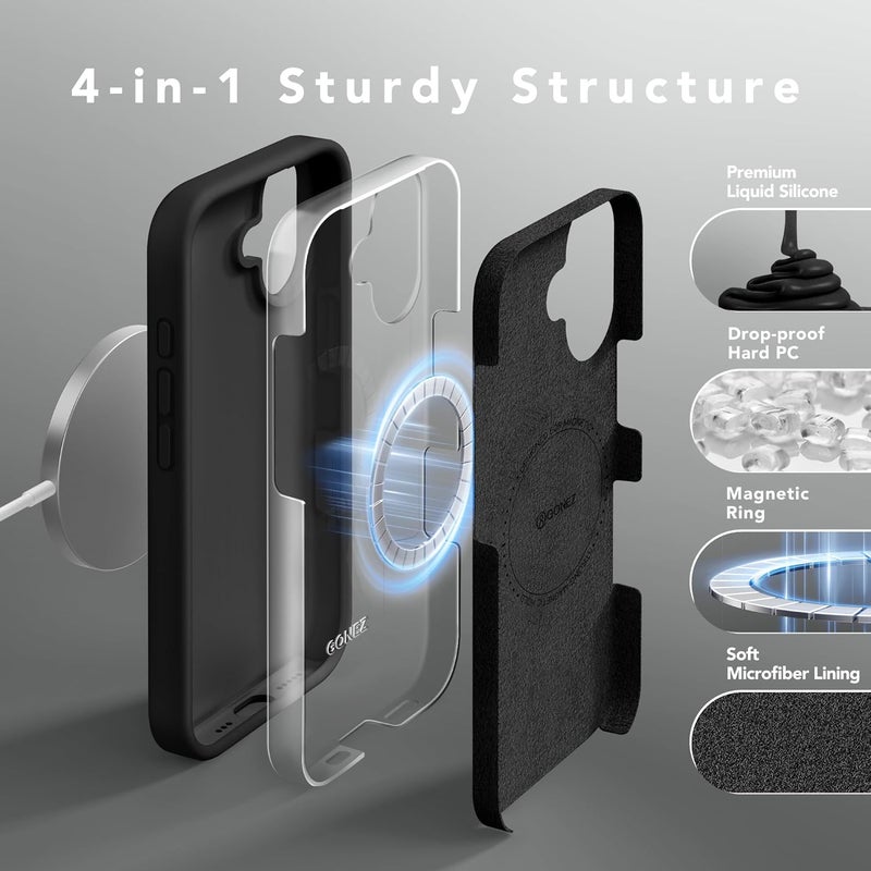 GONEZ Magnetic for iPhone 16 Case, Compatible with MagSafe, [Screen Protector + Camera Lens Protector], Liquid Silicone Shockproof Protective Phone Case for iPhone 16 6.1", Black - Image 4