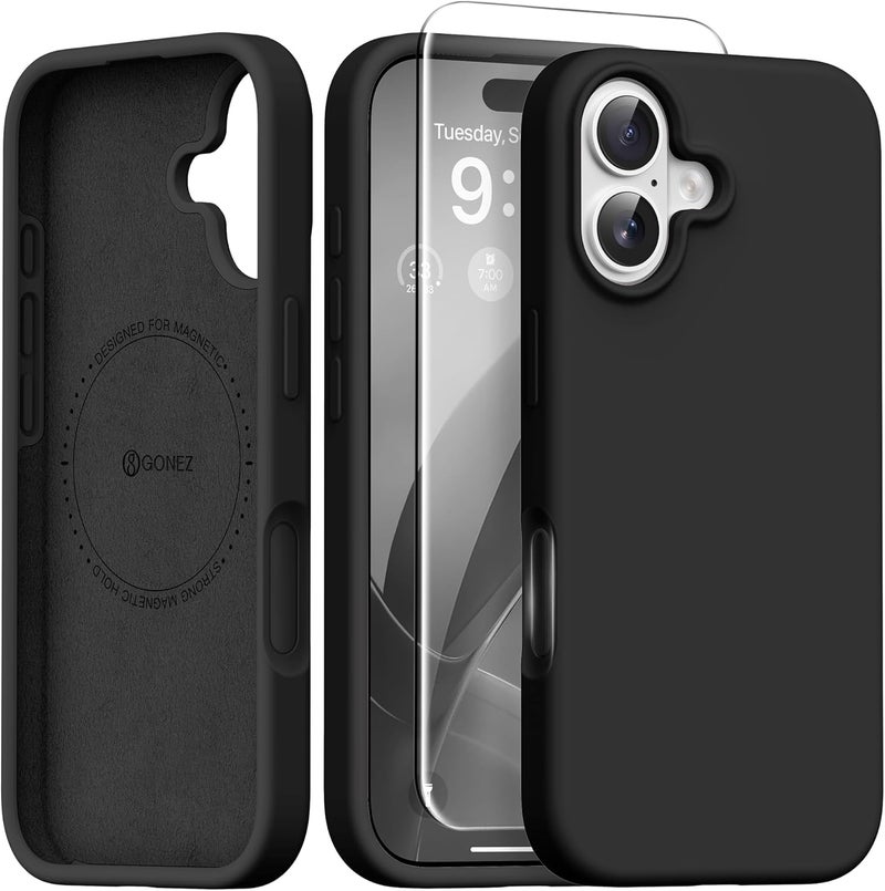 GONEZ Magnetic for iPhone 16 Case, Compatible with MagSafe, [Screen Protector + Camera Lens Protector], Liquid Silicone Shockproof Protective Phone Case for iPhone 16 6.1", Black - Image 1