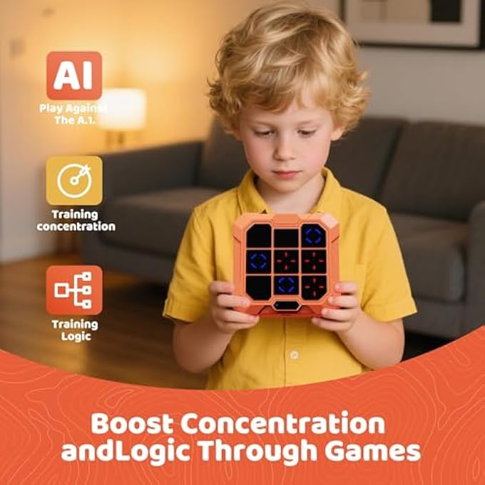 6-IN-1 ELECTRONIC TIC TAC TOE GAME, RECHARGEABLE HANDHELD PUZZLE TOY WITH SUDOKU MEMORY FLIP CHESS, PORTABLE TRAVEL EDUCATIONAL GAME FOR KIDS & ADULTS, BRAIN TRAINING GIFT (ORANGE) - Image 4