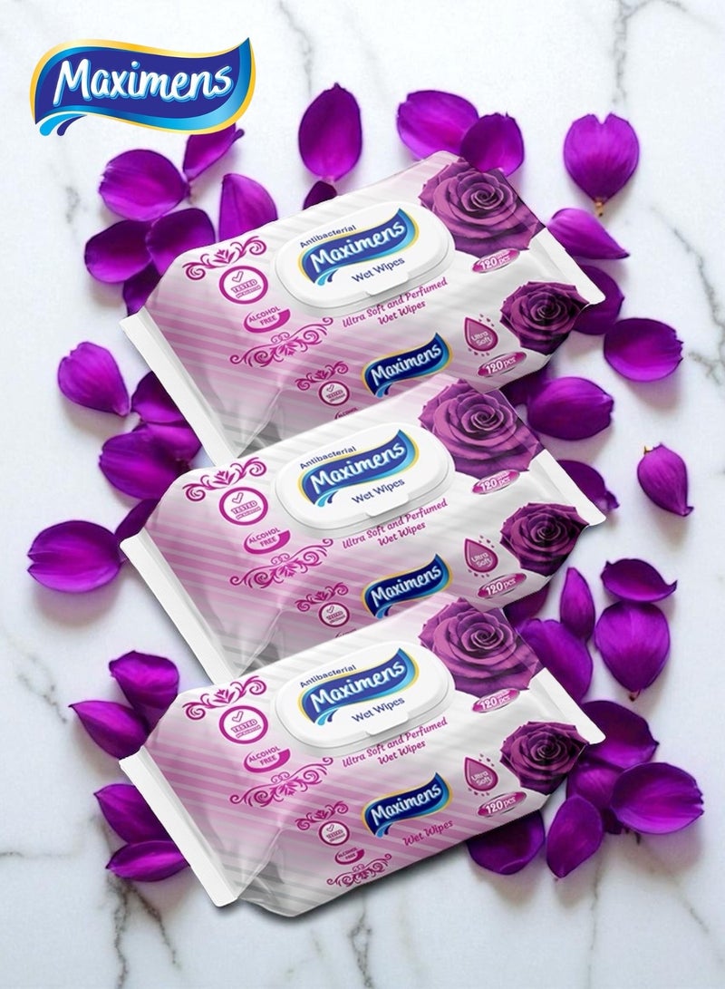 Maximens 2 Packs + 1 Free Of 120 High Quality Ultra Soft Antibacterial Purple Rose Wet Wipes - Image 1