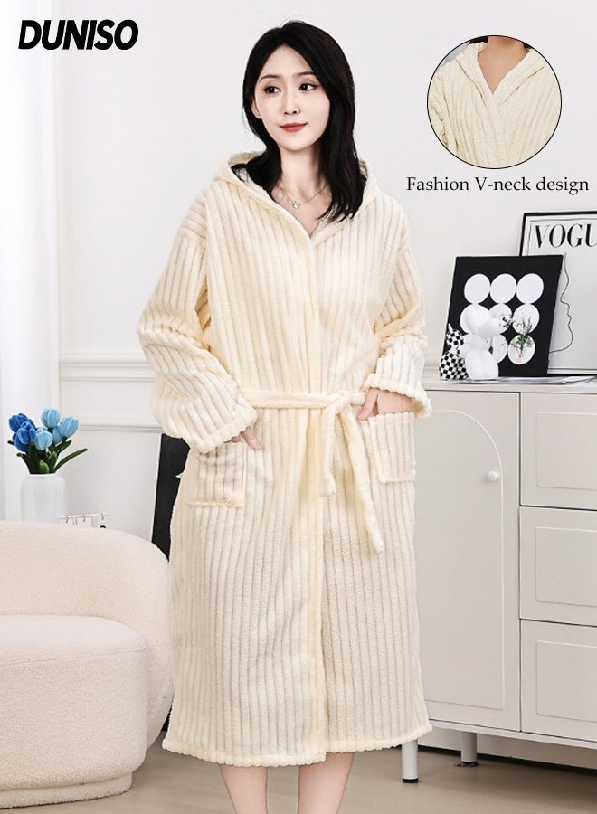DUNISO Bath Robe Ultra Soft Wearable Bath Towel with Hood V Neck Long Sleeve Nightgown Bathrobe Absorbent Breathable Thicken Spa Robe Side Pocket Wrap Shower Wrap Towel Bathrobe with Adjustable Closure Fits All - Image 1