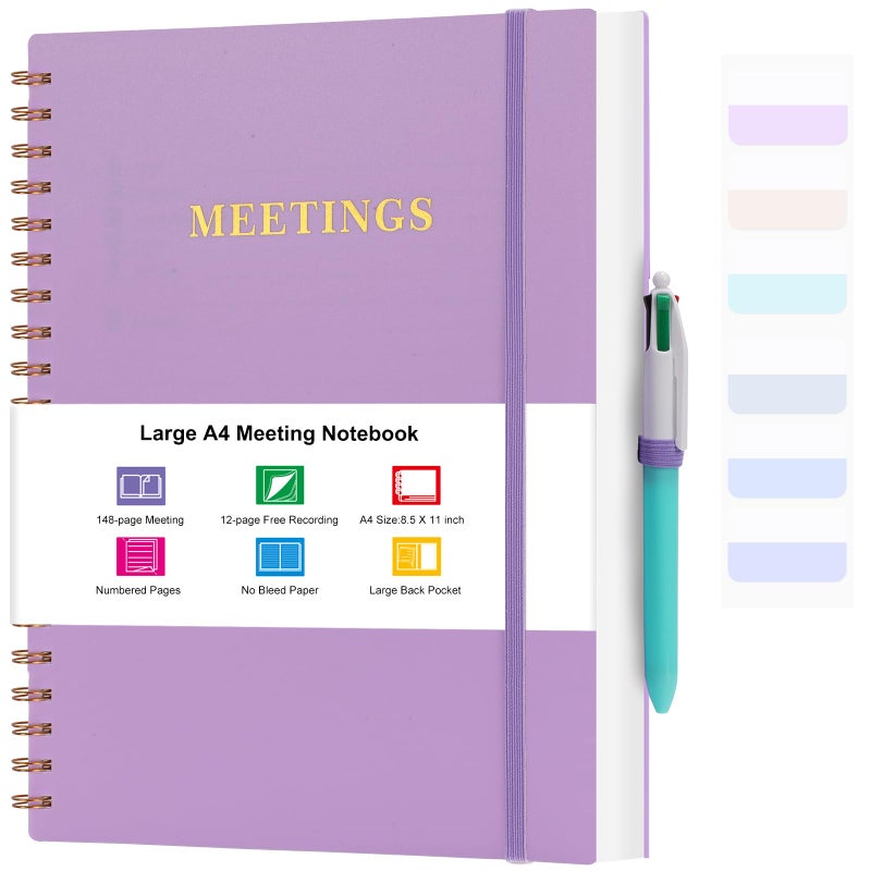 Amanple Meeting Notebook for Work, Notebooks for Work 8.5" x 11", Professional Meeting Notes Notebook for Women, Large Spiral Notebook with Numbered Page, Sticky Tabs, PVC Pockets for Organization, Purple - Image 1