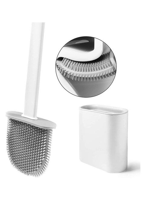 Silicone Toilet Brush and Holder Set, Anti Slip Long Plastic Handle, With Floor Stand, Flexible Brush Head, Easy to Clean Toilet Corners - White