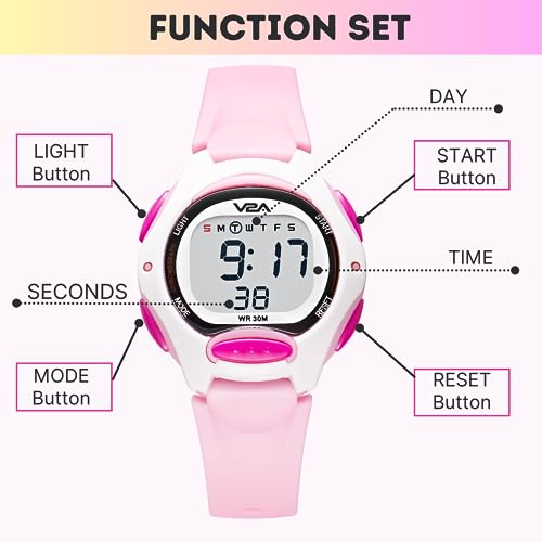 V2A Digital Resin Watch For Girls Kids Between 3 To 10 Years Multi-Functional 30 M Waterproof Digital Sports Watches For Girls|For Kids Age 3 5 6 7 8 (White Case And Pink Band) - Image 5