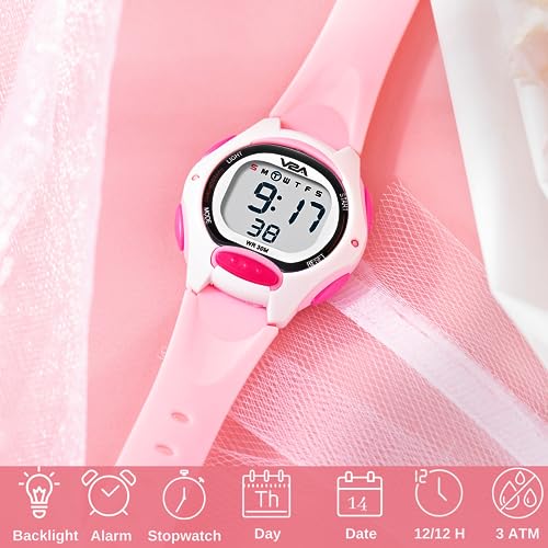 V2A Digital Resin Watch For Girls Kids Between 3 To 10 Years Multi-Functional 30 M Waterproof Digital Sports Watches For Girls|For Kids Age 3 5 6 7 8 (White Case And Pink Band) - Image 2