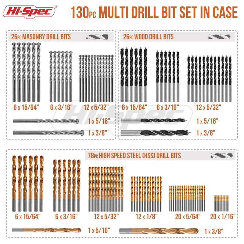 Hi-Spec Hi-Spec 130 Piece Multi Drill Bit Set. 8 Sizes from 1mm to 10mm. HSS Titanium, Masonry & Brad Point Steel Bits for Metal, Woods, Plastics, Brick & Concrete. Complete in a Storage Case - Image 2