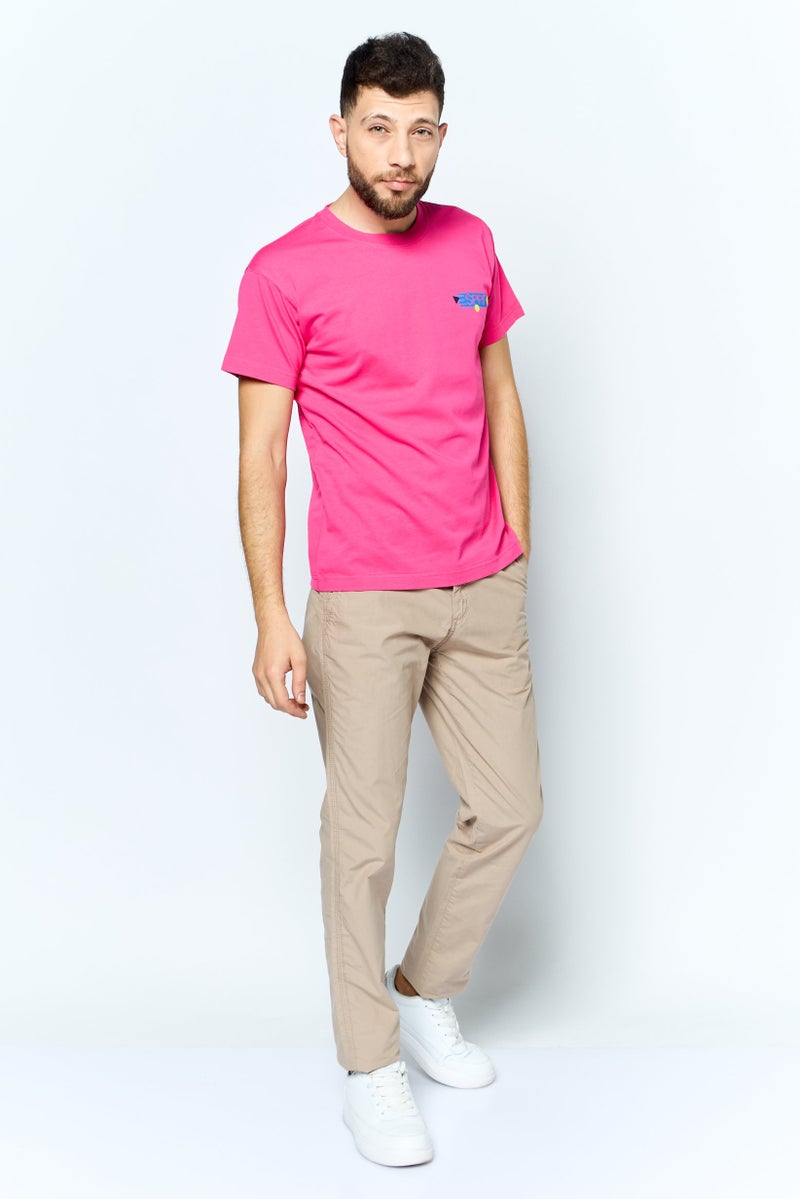 ESPRIT تي شيرت رجالي بأكمام قصيرة وياقة دائرية بشعار العلامة التجارية، وردي - Image 2