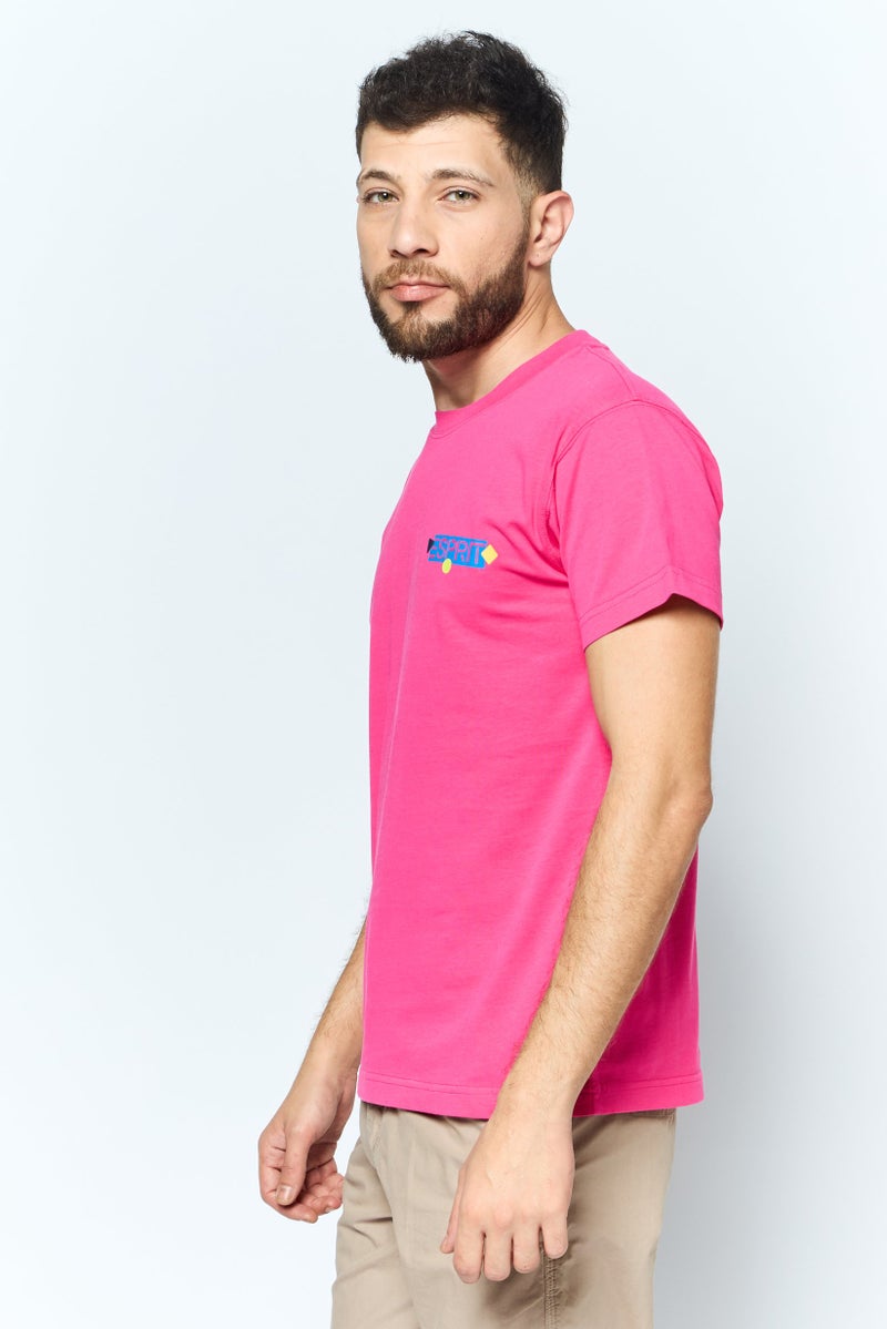 ESPRIT تي شيرت رجالي بأكمام قصيرة وياقة دائرية بشعار العلامة التجارية، وردي - Image 3