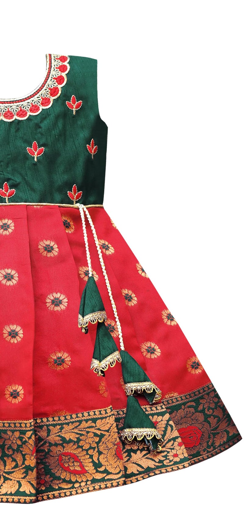 Suzvan South Indian Traditional Embroidery Pattu Pavadai Jacquard Silk Lehenga Choli (Green & Red, 6-12 Months) - Image 5