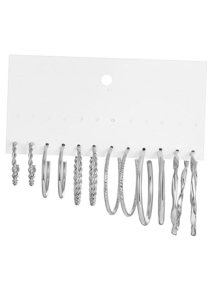 Goolsky 6-Pair Silver Geometric Hoop Earrings Set for Women – Modern Square & Circle Metal Earrings, European Style Jewelry 