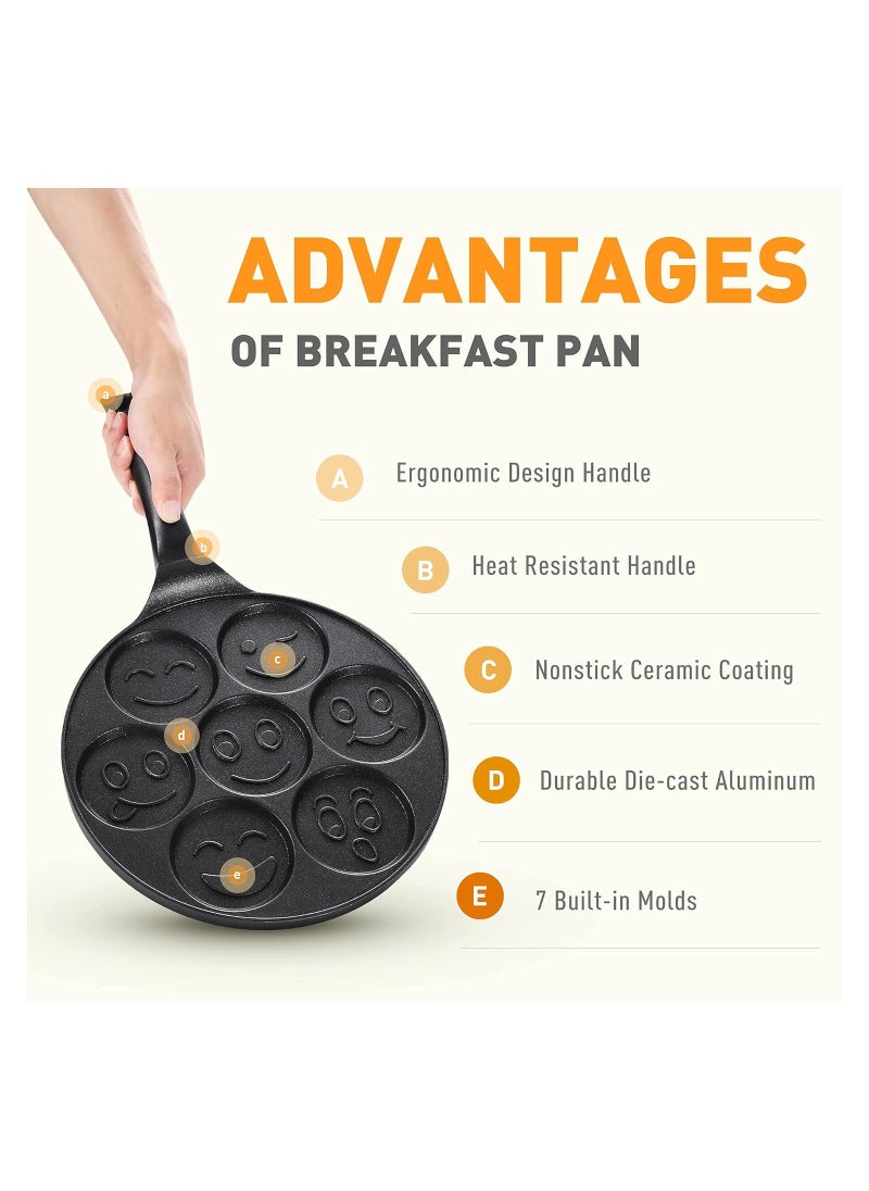  MISUTA - MISUTA Grill Pan Nonstick Griddle Pancake Maker Mini Pancake and 7 Smiling Face Cups Pan Breakfast Crepe for Kids, Black - Image 1