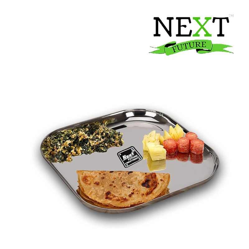 Next Future Stainless Steel BreakfastLunchDinner Plate Set of 6 with Laser Print Design Heavy Gauge Medium Size Square Plates Diameter 8 Inches 21 cms - Image 3