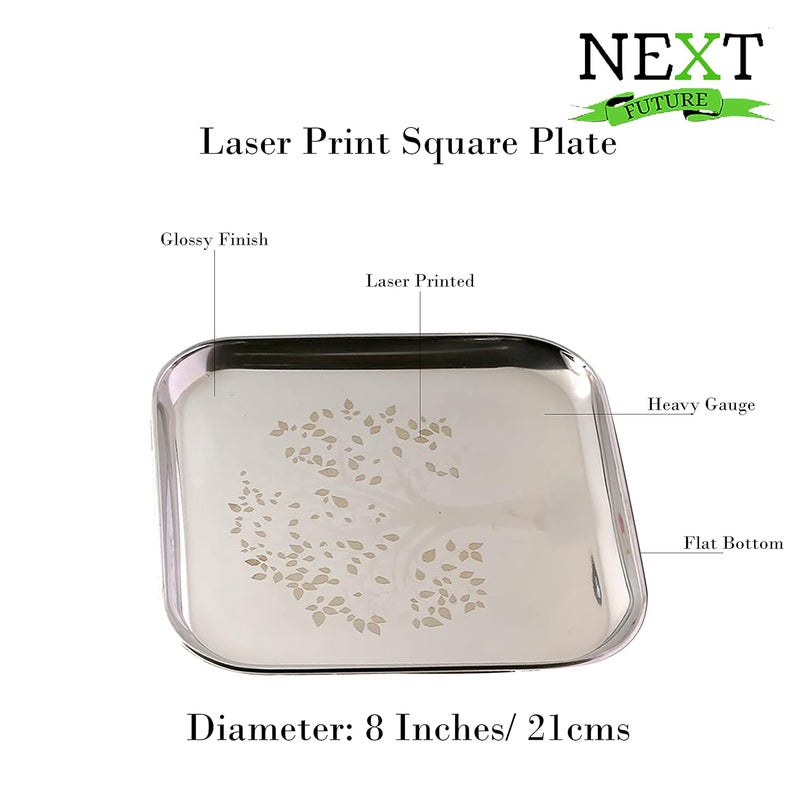 Next Future Stainless Steel BreakfastLunchDinner Plate Set of 6 with Laser Print Design Heavy Gauge Medium Size Square Plates Diameter 8 Inches 21 cms - Image 2