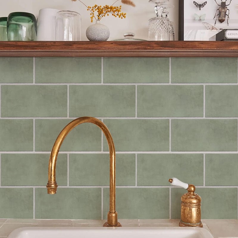 Alwayspon 30cmX15cmX10Pcs Vinyl Wall Tile Sticker, Waterproof Self-Adhesive Decals for Kitchen Bathroom, Peel and Stick PVC Transfer, Retro Sage Green - Image 1