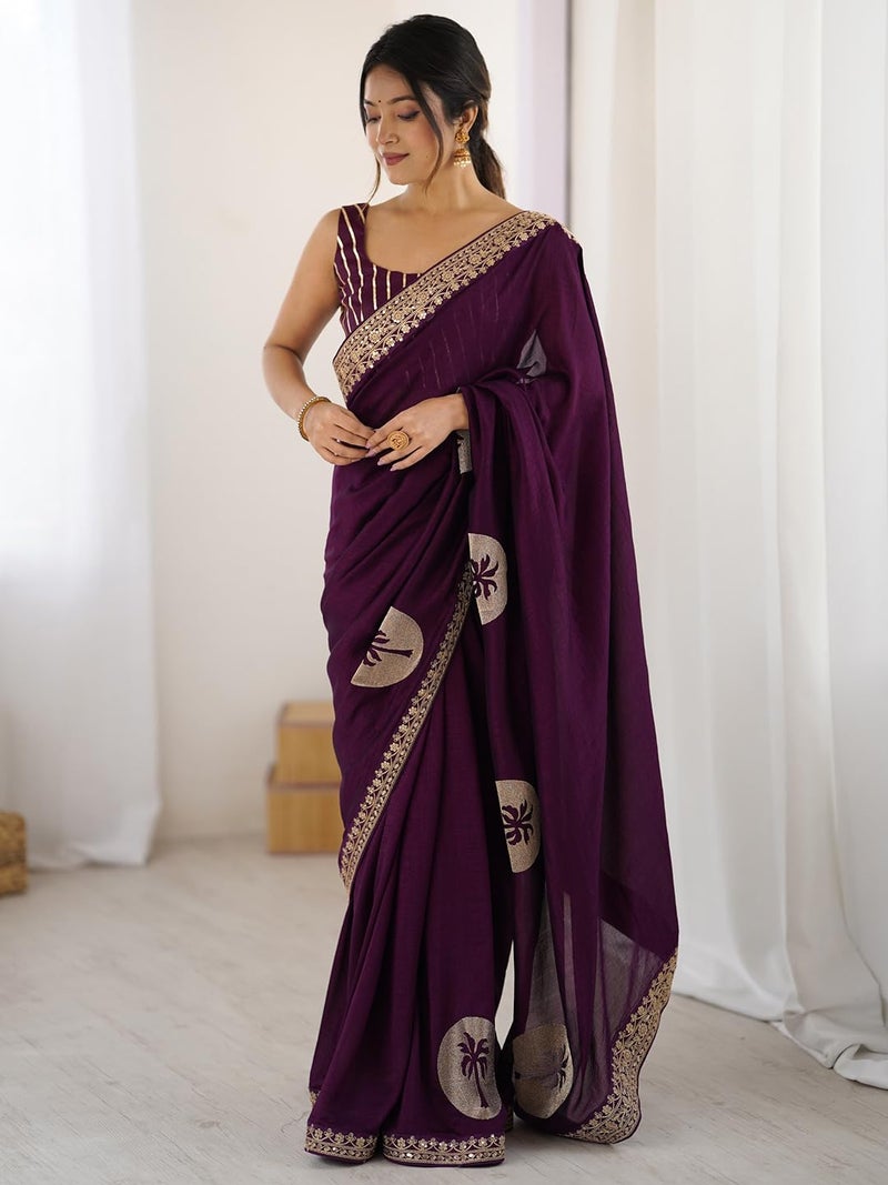 SAREE MALL Women's Vichitra Silk Embroidered Saree With Unstitched Blouse Piece (RADHA9003_RX) - Image 2