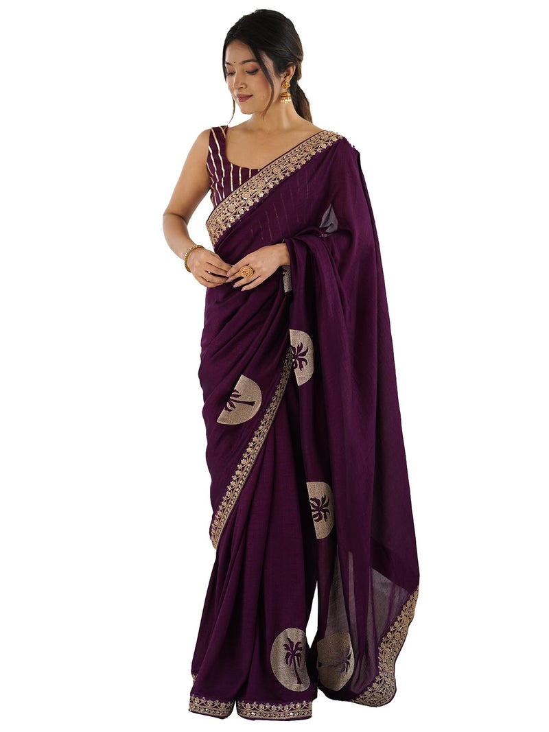 SAREE MALL Women's Vichitra Silk Embroidered Saree With Unstitched Blouse Piece (RADHA9003_RX) - Image 1