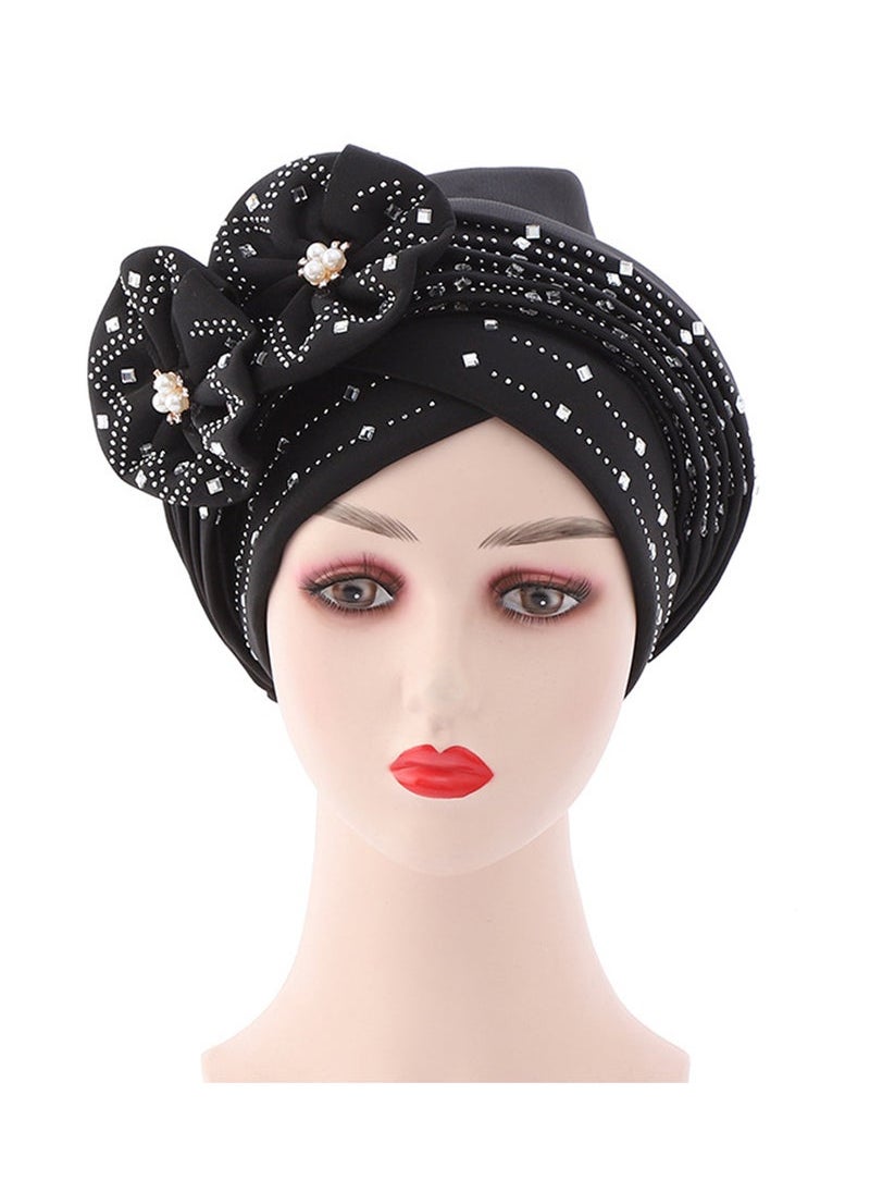 Captaintech African Turban Headwrap, Flower Stretch Pleasted Turbans Cap, Pre Tied Headwrap Beanie Velvet Twist Headscarf Hat Ruffle Bandanas Bonnet Women Girls (Black)  - Image 1
