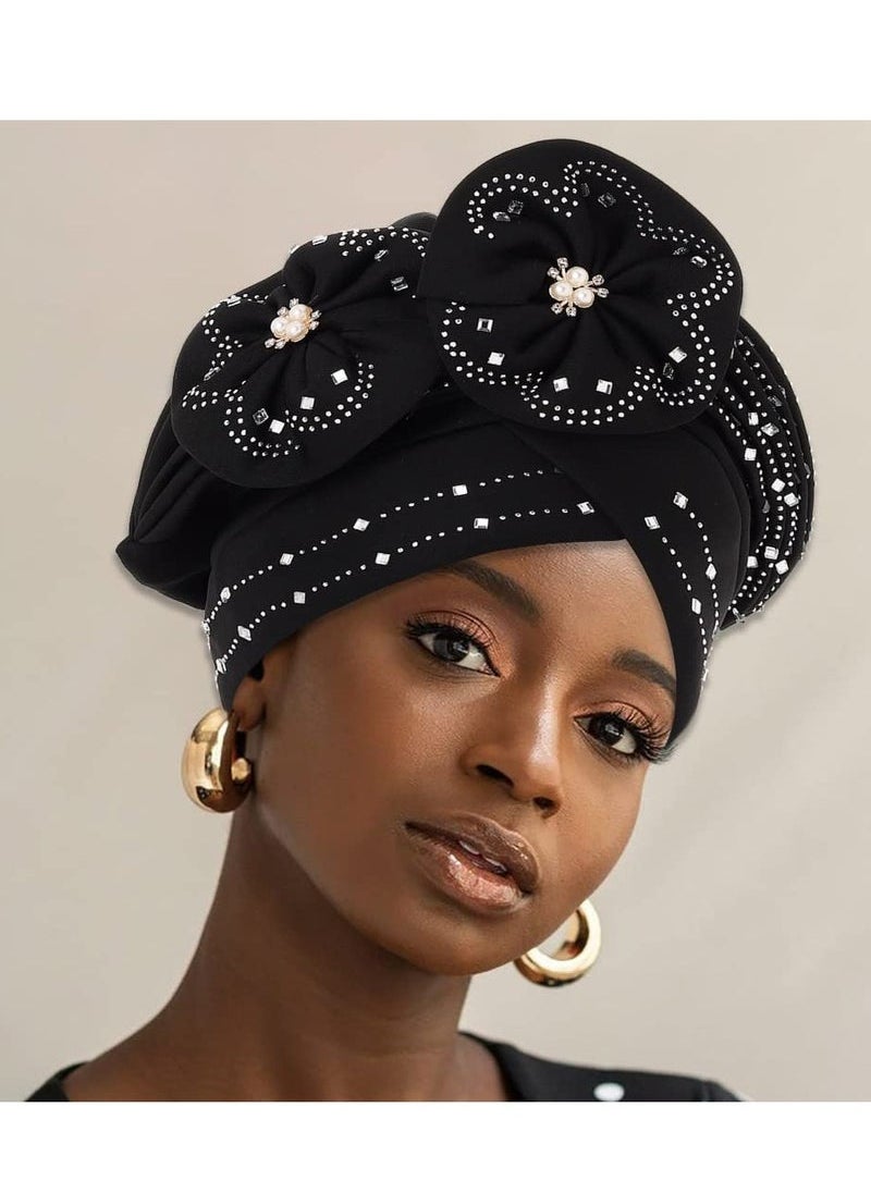 Captaintech African Turban Headwrap, Flower Stretch Pleasted Turbans Cap, Pre Tied Headwrap Beanie Velvet Twist Headscarf Hat Ruffle Bandanas Bonnet Women Girls (Black)  - Image 2