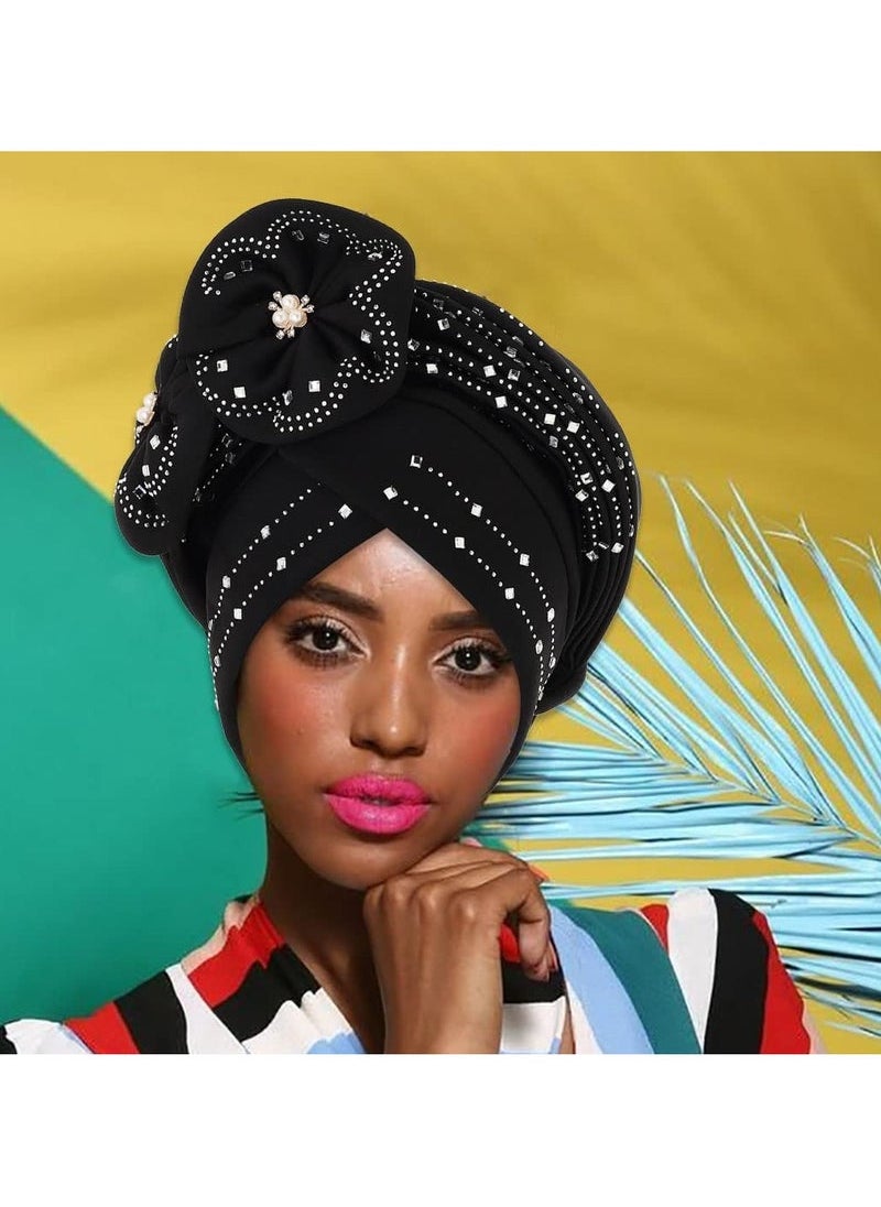 Captaintech African Turban Headwrap, Flower Stretch Pleasted Turbans Cap, Pre Tied Headwrap Beanie Velvet Twist Headscarf Hat Ruffle Bandanas Bonnet Women Girls (Black)  - Image 4