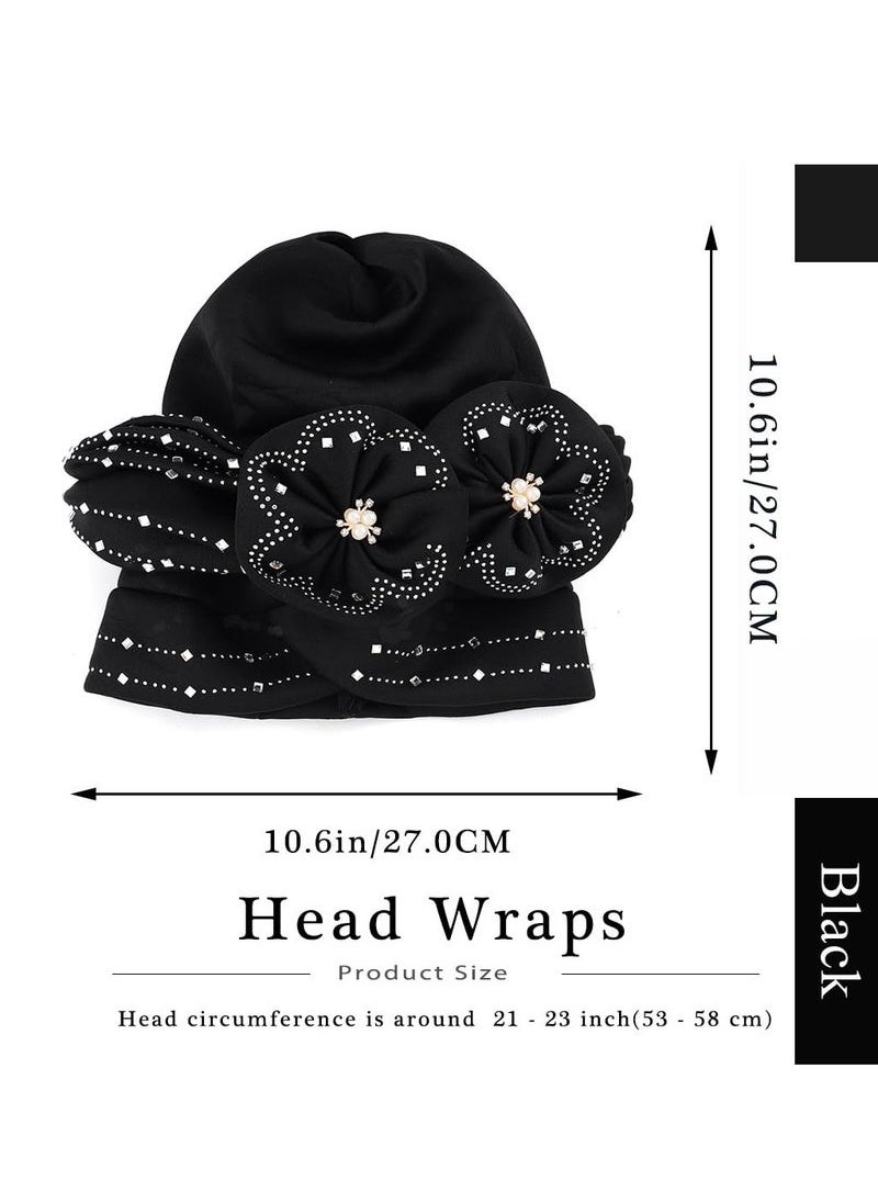 Captaintech African Turban Headwrap, Flower Stretch Pleasted Turbans Cap, Pre Tied Headwrap Beanie Velvet Twist Headscarf Hat Ruffle Bandanas Bonnet Women Girls (Black)  - Image 5