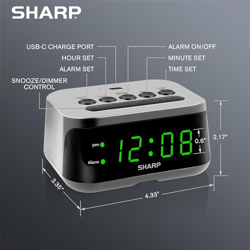 Sharp Digital Alarm Clock with Super Fast USB-C Charge Port & Green LED Display - Image 4