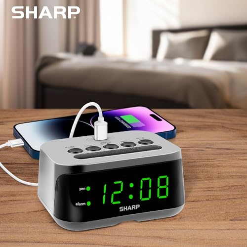 Sharp Digital Alarm Clock with Super Fast USB-C Charge Port & Green LED Display - Image 5
