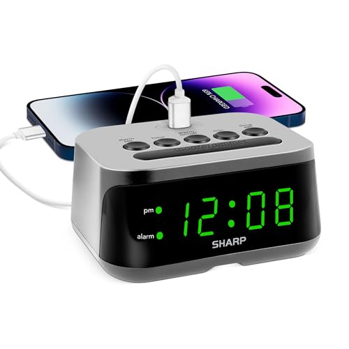 Sharp Digital Alarm Clock with Super Fast USB-C Charge Port & Green LED Display - Image 1