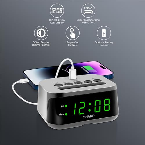 Sharp Digital Alarm Clock with Super Fast USB-C Charge Port & Green LED Display - Image 2