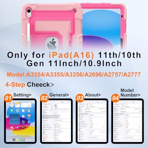 Auorld Case for iPad A16 11th/10th Generation 11/10.9 Inch 2025/2022, Auorld for ipad a16 case 11 in 2025 Military Grade Shockproof Cases with Kickstand Pencil Holder Shoulder Strap, Pink Rose - Image 2