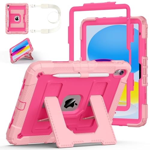Auorld Case for iPad A16 11th/10th Generation 11/10.9 Inch 2025/2022, Auorld for ipad a16 case 11 in 2025 Military Grade Shockproof Cases with Kickstand Pencil Holder Shoulder Strap, Pink Rose - Image 1