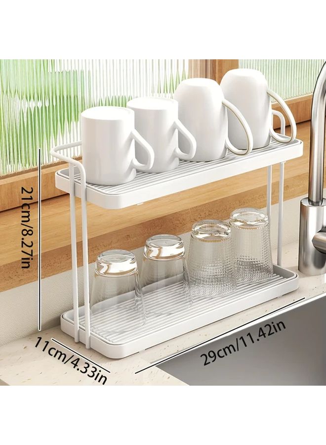 White 2 Tier Cup Drying Rack With Utensil Holder Space Saving Sink Organizer - Image 2