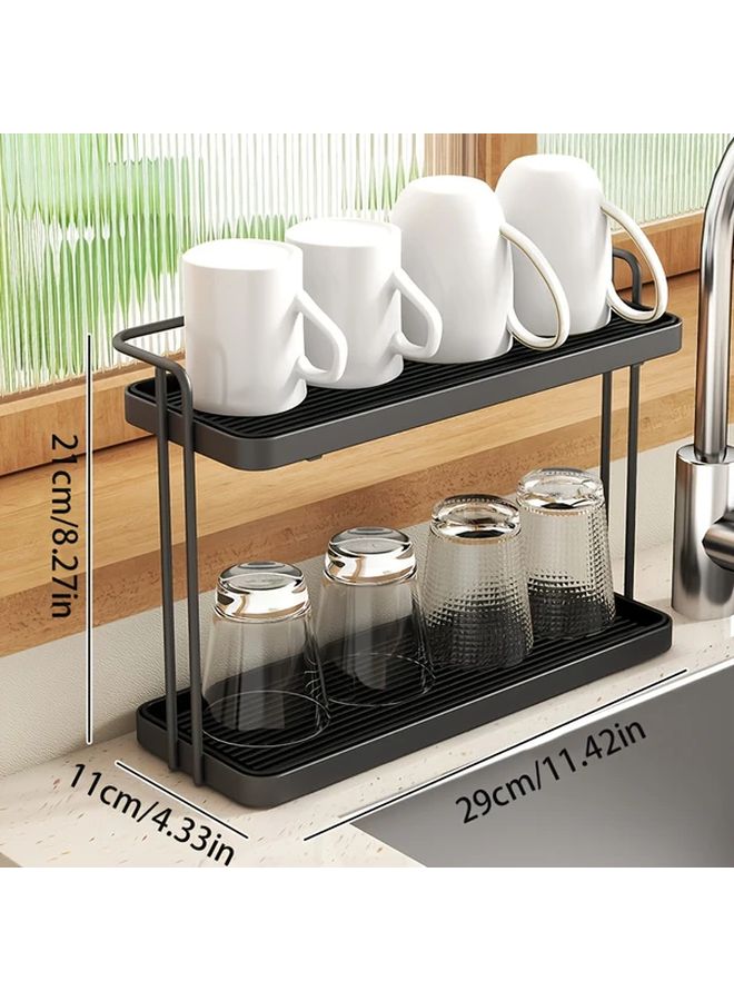 White 2 Tier Cup Drying Rack With Utensil Holder Space Saving Sink Organizer - Image 3