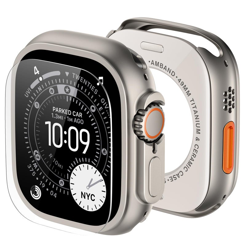 amBand Metal Case Screen Protector for Apple Watch Ultra 3/Ultra 2/Ultra 49mm, W3 Rugged Bumper Thin Frame with 9H Tempered Glass Film & Back Cover, [Waterproof] [Band Compatible], Natural Titanium - Image 1