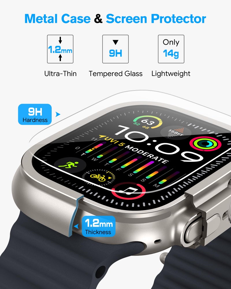 amBand Metal Case Screen Protector for Apple Watch Ultra 3/Ultra 2/Ultra 49mm, W3 Rugged Bumper Thin Frame with 9H Tempered Glass Film & Back Cover, [Waterproof] [Band Compatible], Natural Titanium - Image 3