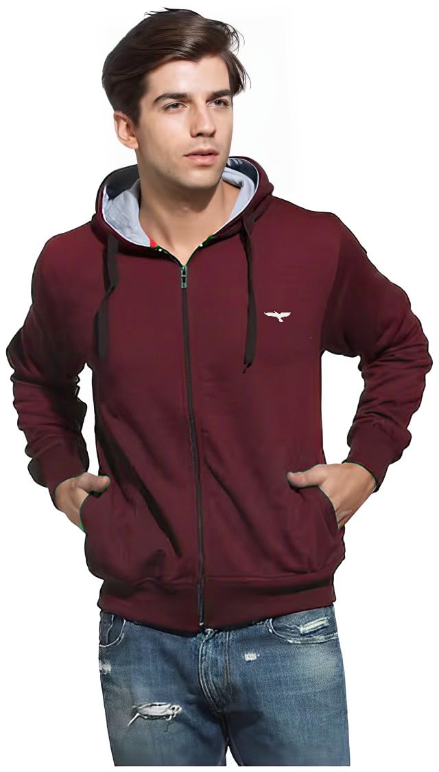 REYA Full Sleeve Solid Men Hood with Zipper Jacket (L-Size)-Maroon - Image 1